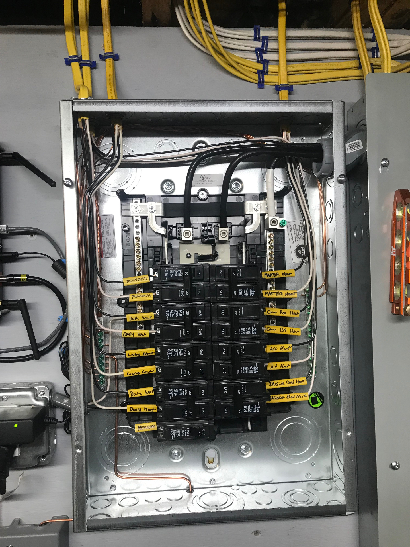 Hand-labeled heat circuit subpanel with clean cable management by Andrew