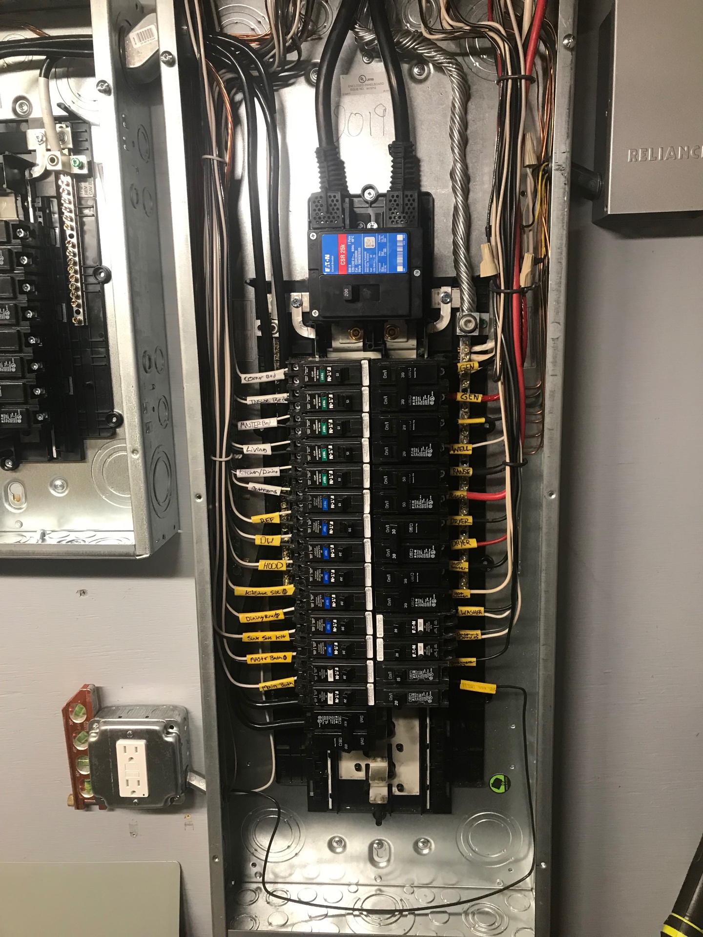 Meticulously labeled main panel with generator backup wiring by Andrew